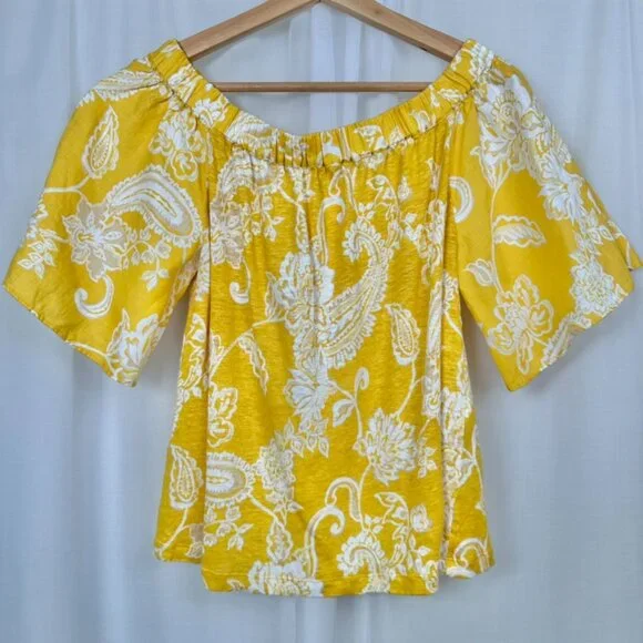 Chicos Off Shoulder Floral Paisley Linen Top Size Small Yellow Tropical Resort - Picture 1 of 6